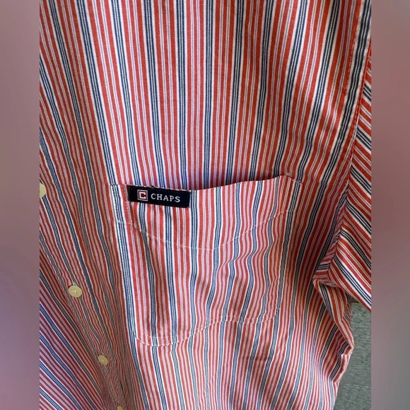 Chaps Easy Care Short Sleeve Orange Striped Shirt Button Up Adult Men's Medium - Picture 6 of 7
